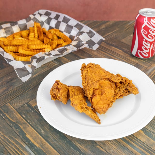 Leg and Thigh, Fries, and Drink.